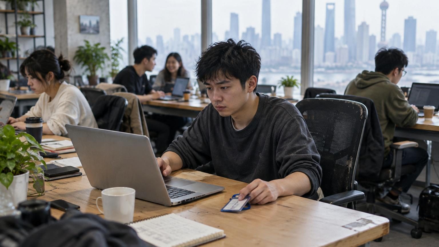 Un jeune employé assis à son bureau dans un open space contemporain, devant son ordinateur, portant une expression neutre ou réfléchie, dans un décor de bureau minimaliste et lumineux.