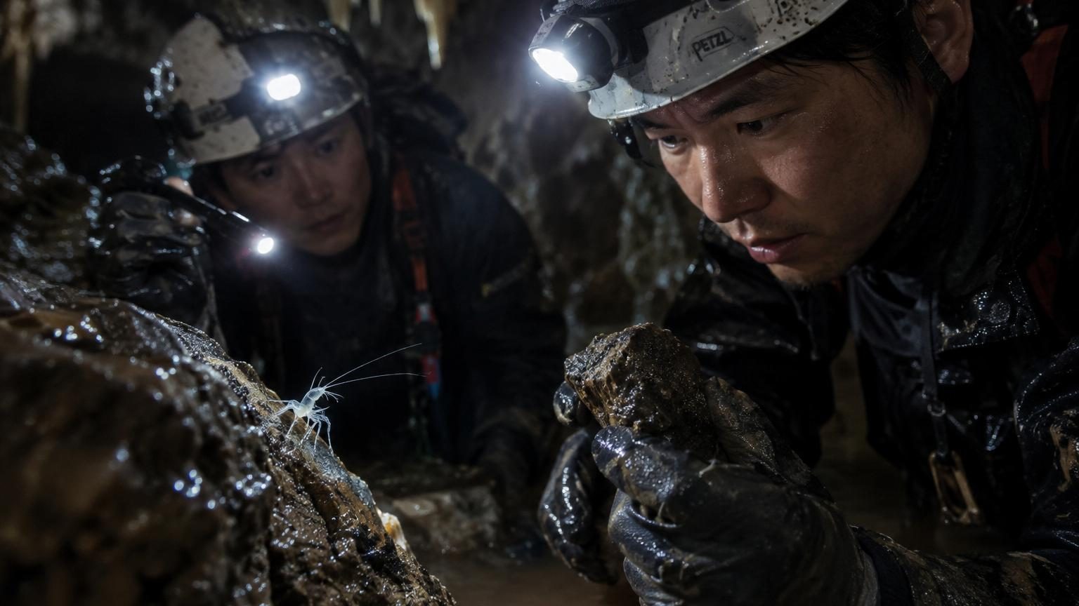 Minuscule arthropode translucide blanc adhérant à une paroi de calcaire humide dans une grotte souterraine sombre, éclairé par une lampe de poche, avec des antennes fines et des pattes délicates ressemblant à un petit dragon.