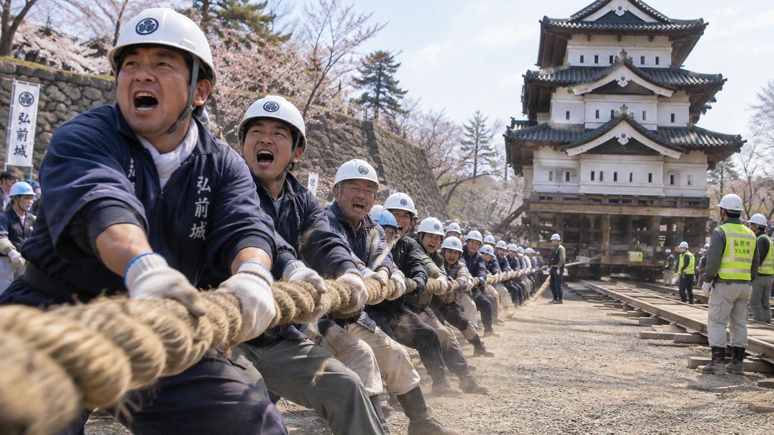 1 800 Japonais déplacent à la main la tour d&rsquo;un château : une technique vieille de plusieurs siècles filmée en pleine action