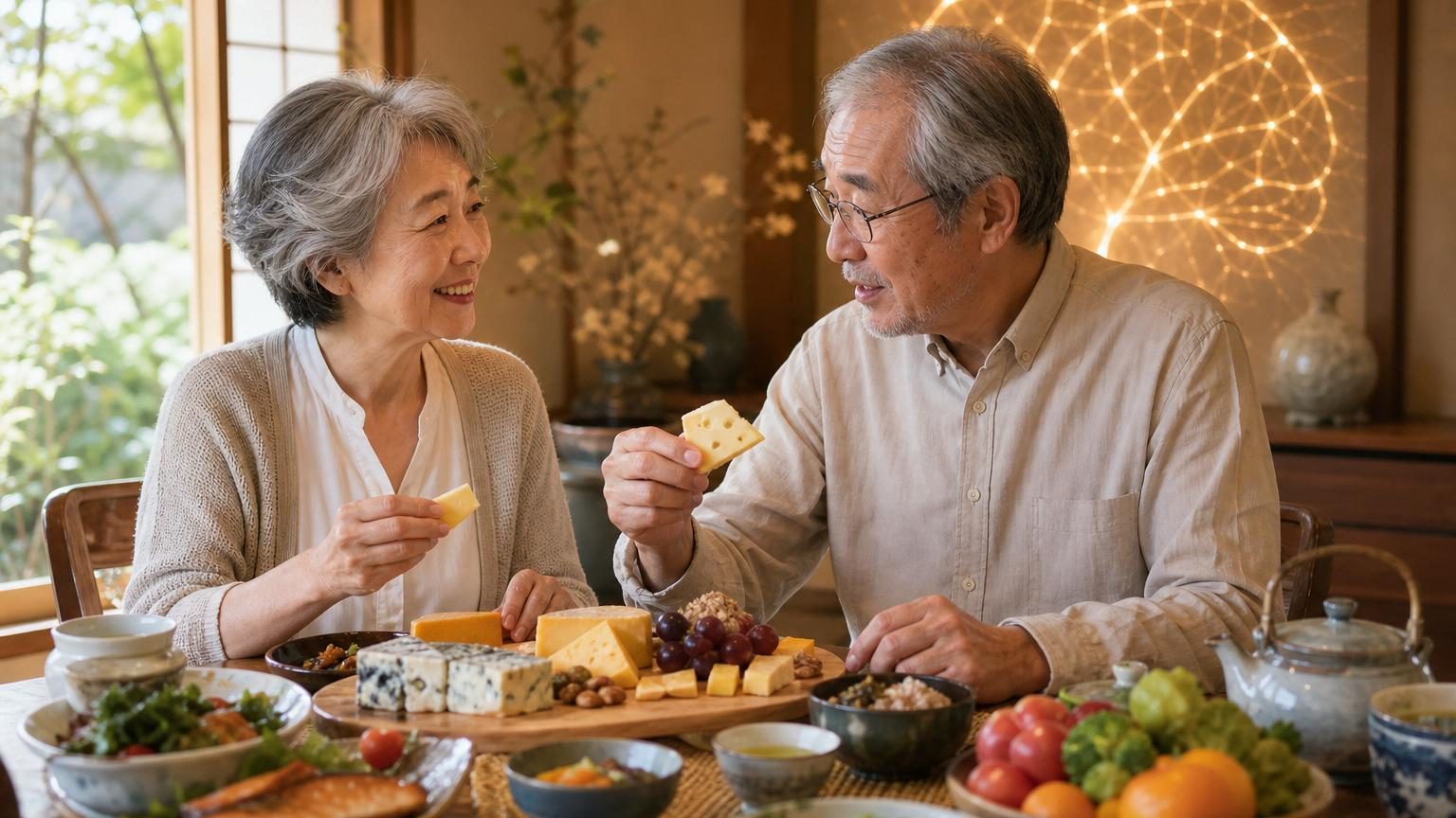 Plateau de fromages variés aux couleurs et textures différentes, accompagné de fruits frais et de légumes, représentant une alimentation diversifiée bénéfique pour la santé cognitive