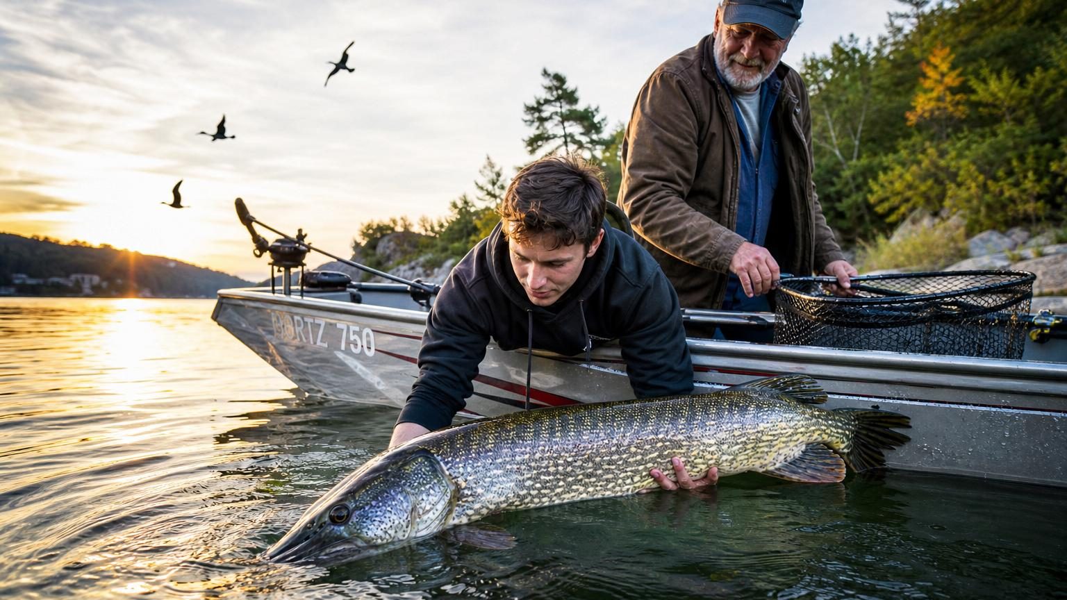 Un pêcheur tient fermement un gros brochet de 1,21 mètre mesurant environ 17 kilos sur un bateau au lac de Pareloup, avec son grand-père présent à bord.