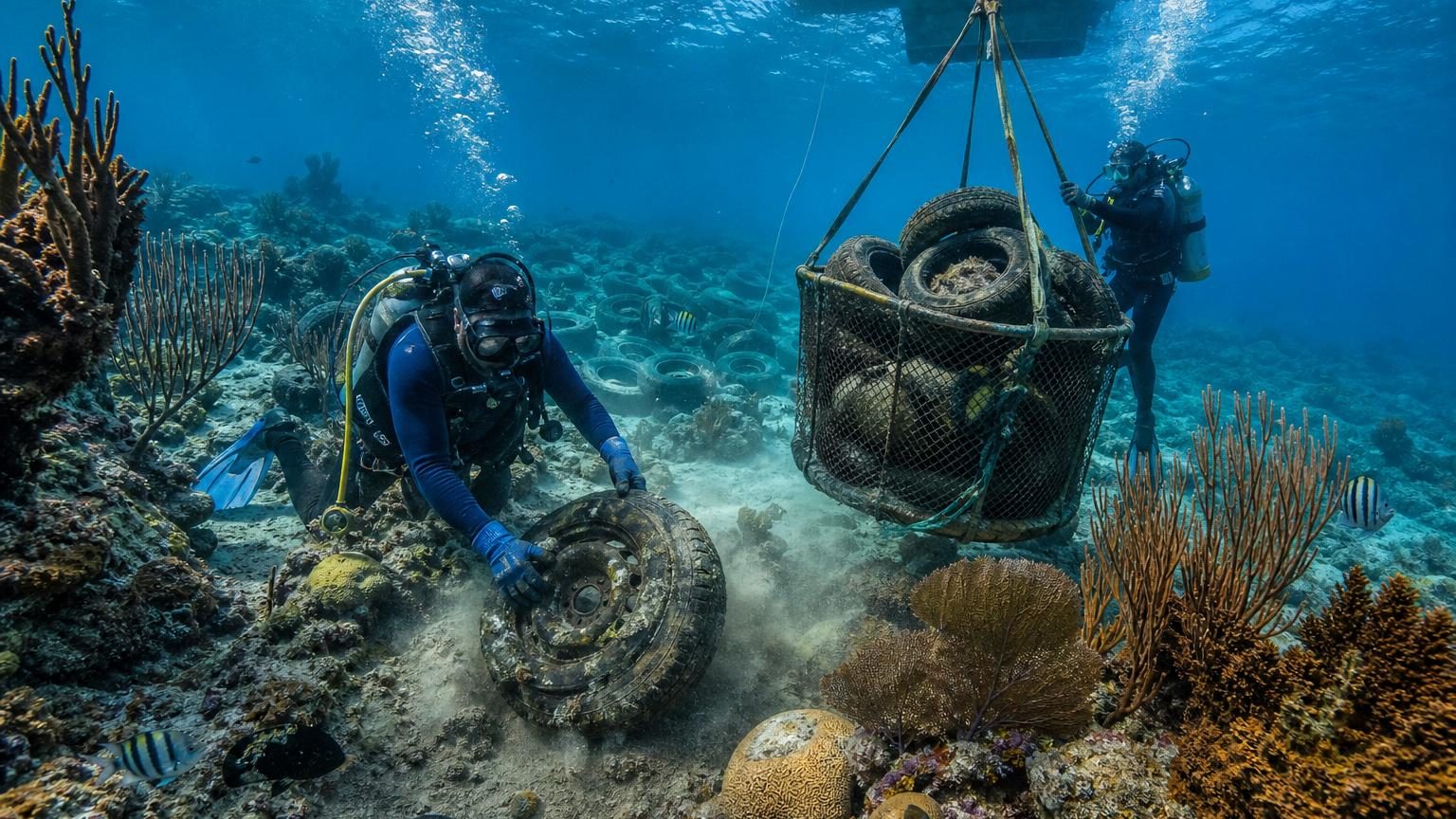 Plongeurs récupérant manuellement des pneus usagés dispersés sur les fonds marins de Floride, cinquante ans après leur immersion.