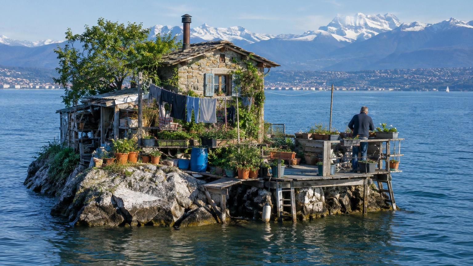 Une minuscule île isolée au milieu du lac Léman, couverte d'une cabane en bois patiné, de pots de fleurs colorés, de chaises et d'objets disposés minutieusement, entourée d'eau bleue et de montagnes en arrière-plan.