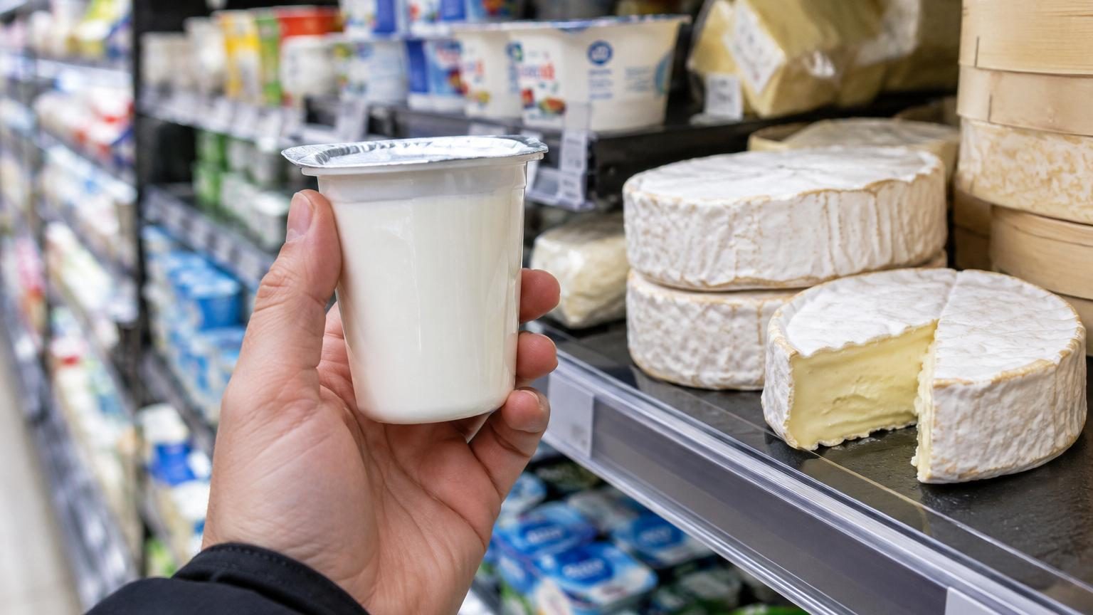 Plusieurs petits pots de yaourt blanc disposés sur une surface réfléchissante, avec des barres de fromage camembert à proximité pour comparaison visuelle des textures et formats.