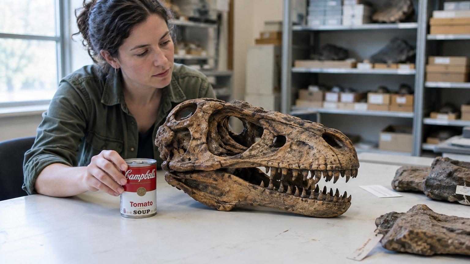 Illustration scientifique montrant un dinosaure minuscule à côté d'une canette de soupe pour illustrer le seuil de poids de 400 grammes jamais atteint par les dinosaures non aviens