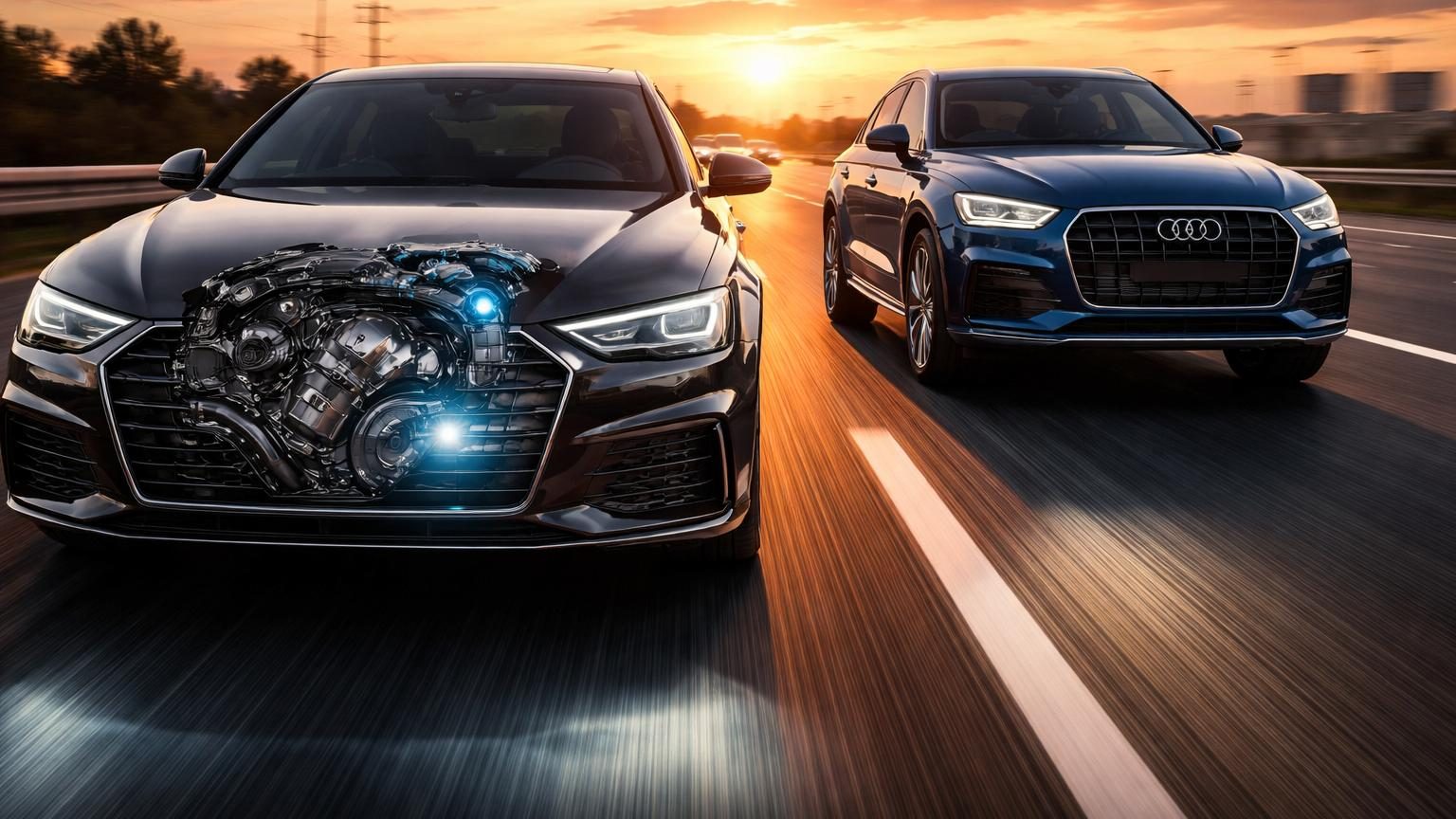 Moteur V6 diesel couleur gris métallisé d'Audi avec composants techniques visibles, compresseur électrique et système de micro-hybridation mis en évidence