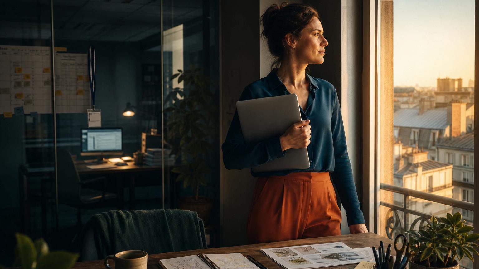 Femme en tenue professionnelle attendant son train le matin avec un café et son ordinateur ouvert, symbolisant la routine salariée avant sa transition vers l'indépendance.