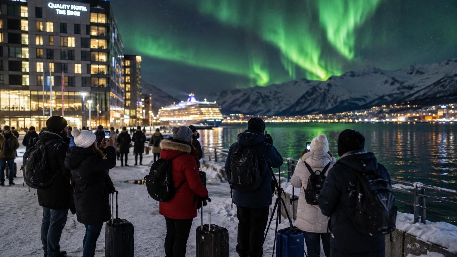 Aurores boréales vertes dansant au-dessus des montagnes enneigées et des lumières de la ville de Tromsø en Arctique norvégien.