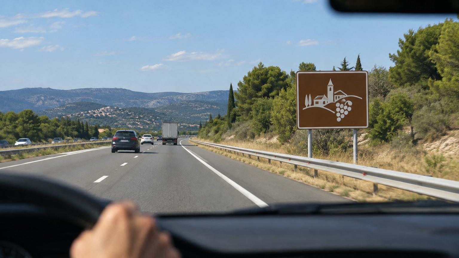 Grand panneau marron d'information touristique au bord d'une autoroute, avec pictogrammes blancs stylisés indiquant un site patrimonial et des flèches directionnelles.