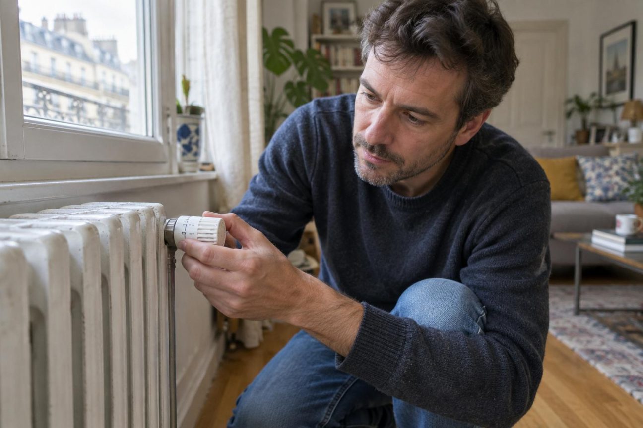 Gros plan sur une main touchant la tête thermostatique cylindrique d'un radiateur blanc, avant de la tourner pour en vérifier le fonctionnement.