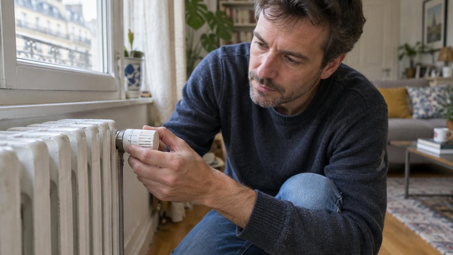 Gros plan sur une main touchant la tête thermostatique cylindrique d'un radiateur blanc, avant de la tourner pour en vérifier le fonctionnement.