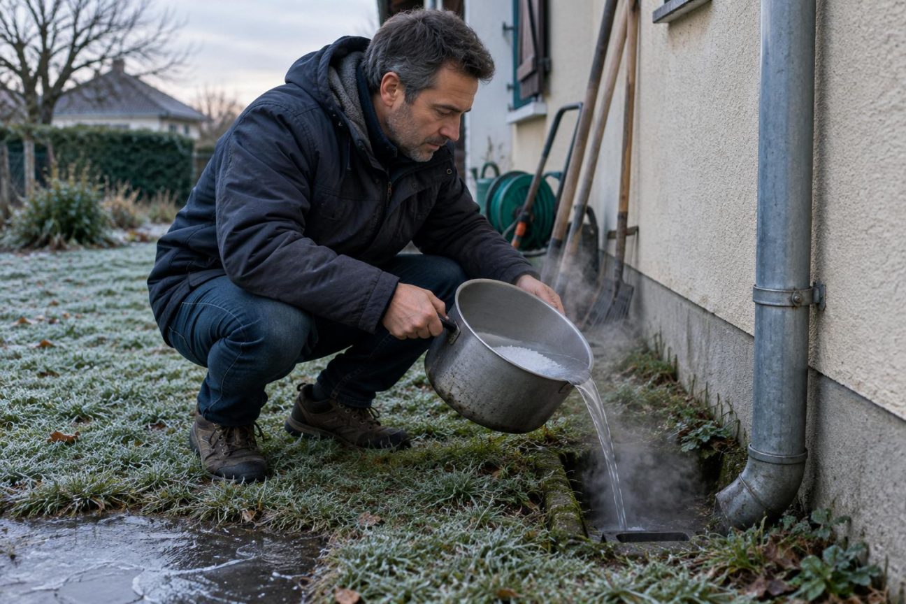 Un homme accroupi près d'une bouche d'évacuation, versant lentement un liquide clair dans les canalisations extérieures avant l'hiver
