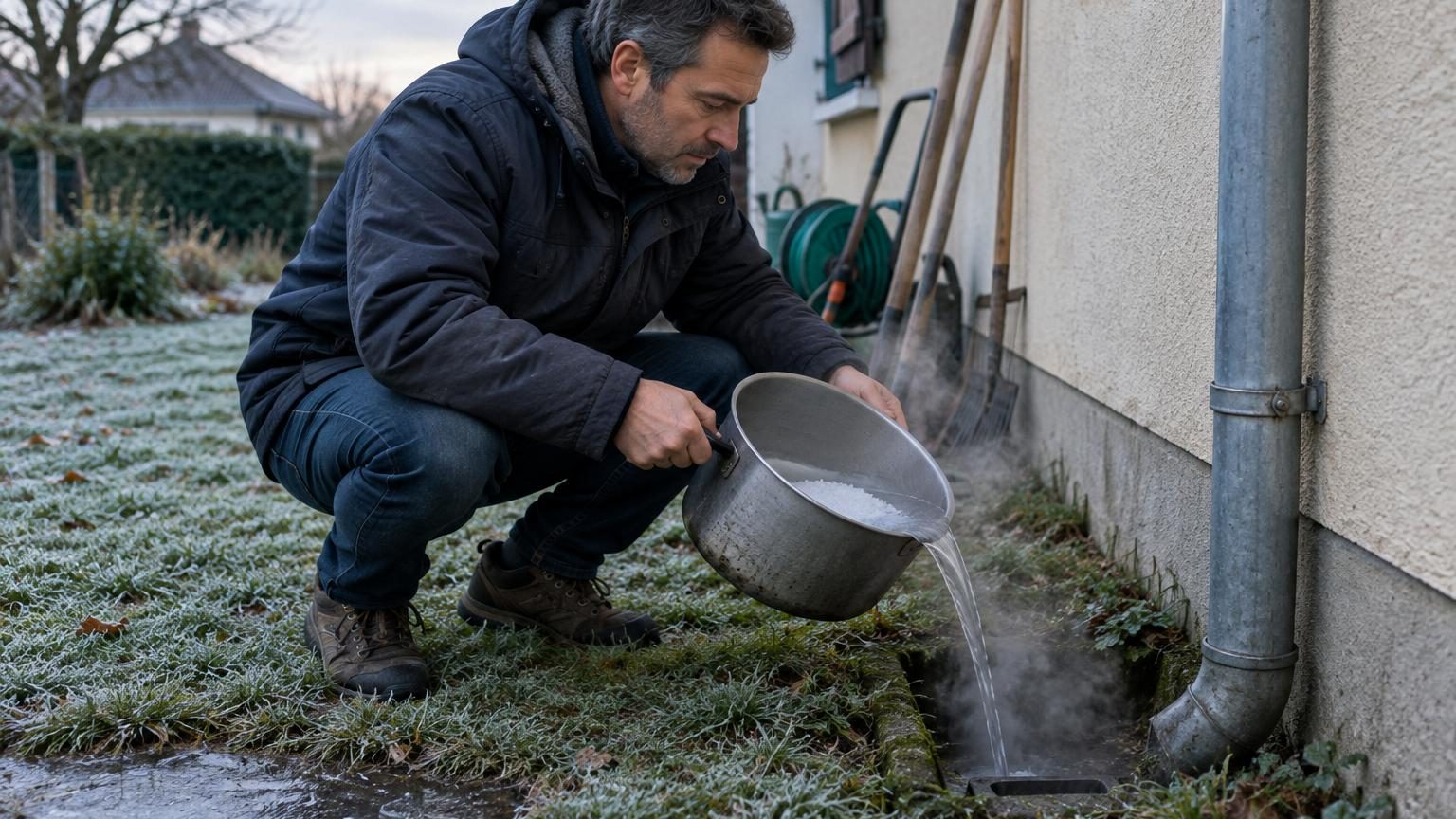 Un homme accroupi près d'une bouche d'évacuation, versant lentement un liquide clair dans les canalisations extérieures avant l'hiver
