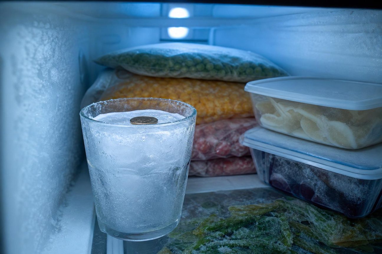 Un verre contenant de la glace avec une pièce posée à sa surface, illustrant le test simple de détection de perte de froid dans un congélateur.