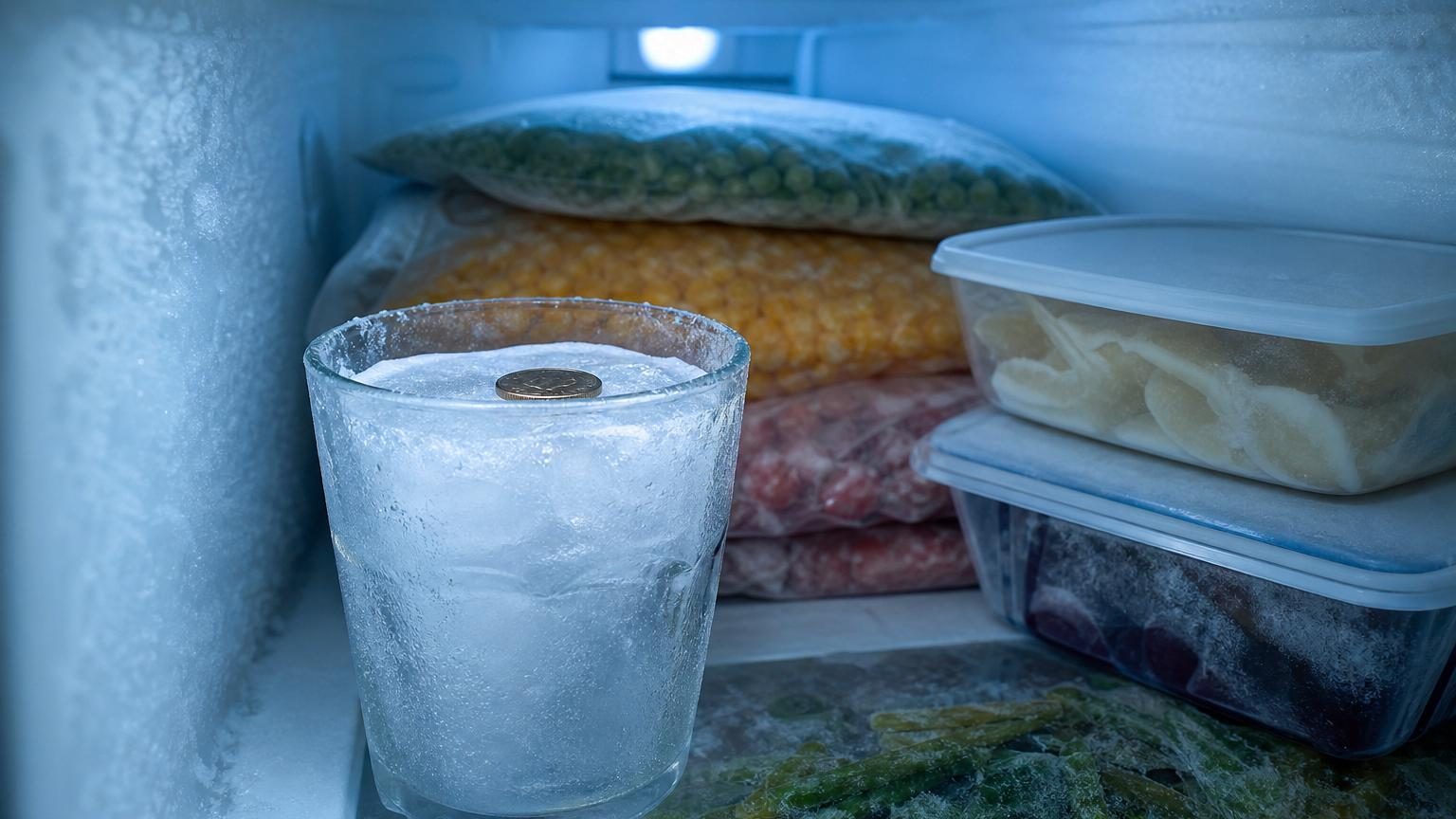 Un verre contenant de la glace avec une pièce posée à sa surface, illustrant le test simple de détection de perte de froid dans un congélateur.