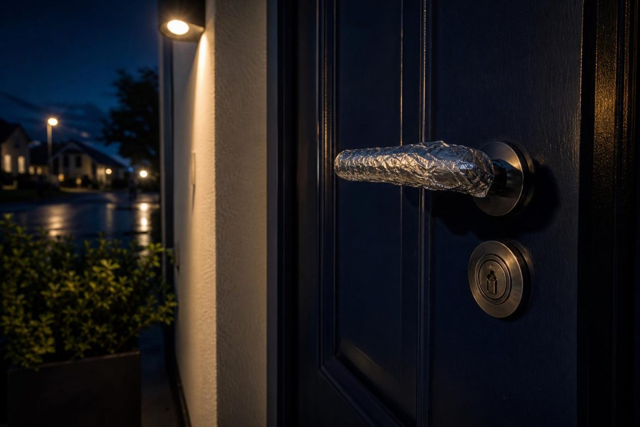 Gros plan sur une poignée de porte d'entrée enveloppée de papier aluminium froissé, symbolisant le repère visuel d'une tentative de manipulation