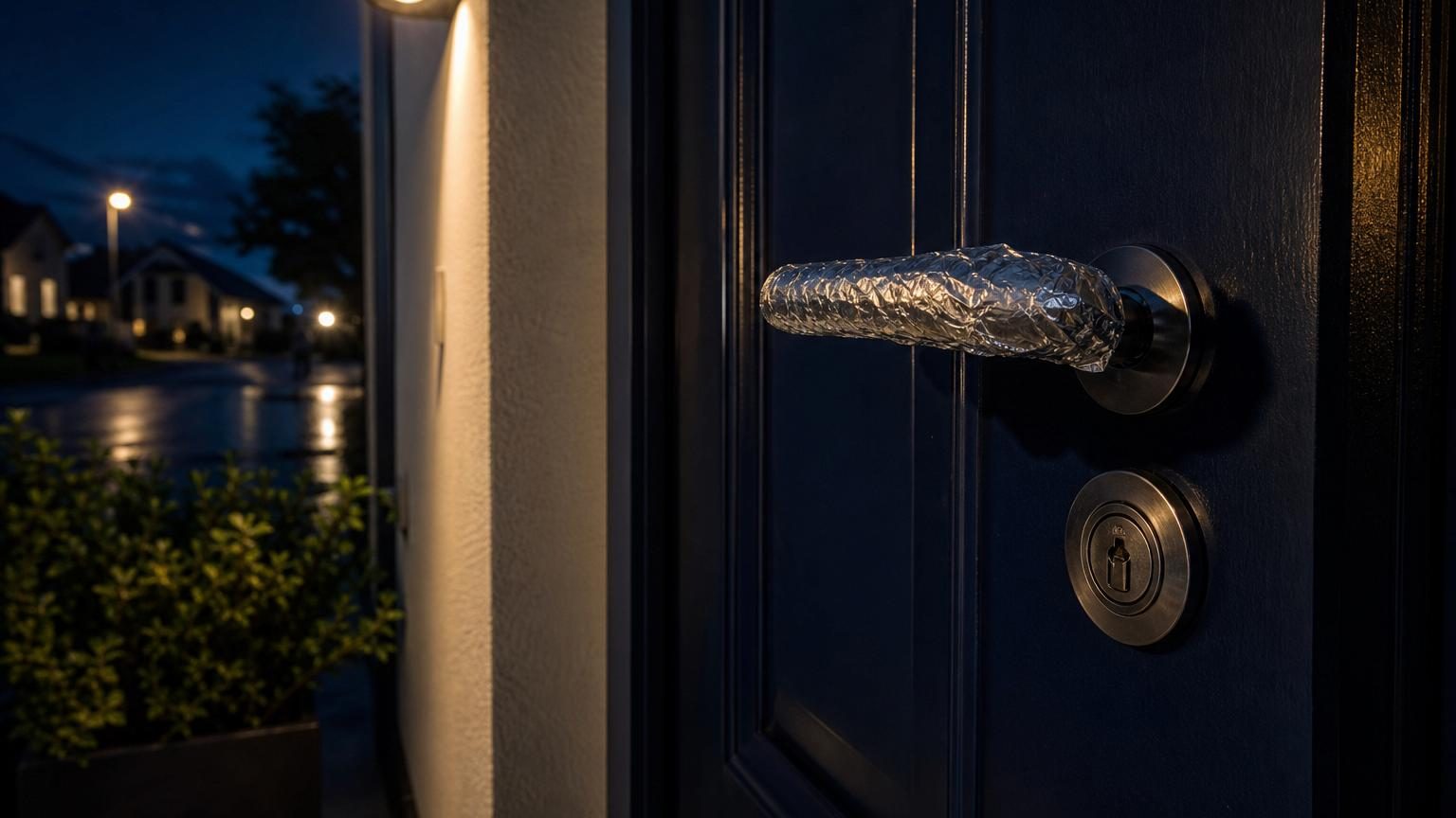 Gros plan sur une poignée de porte d'entrée enveloppée de papier aluminium froissé, symbolisant le repère visuel d'une tentative de manipulation
