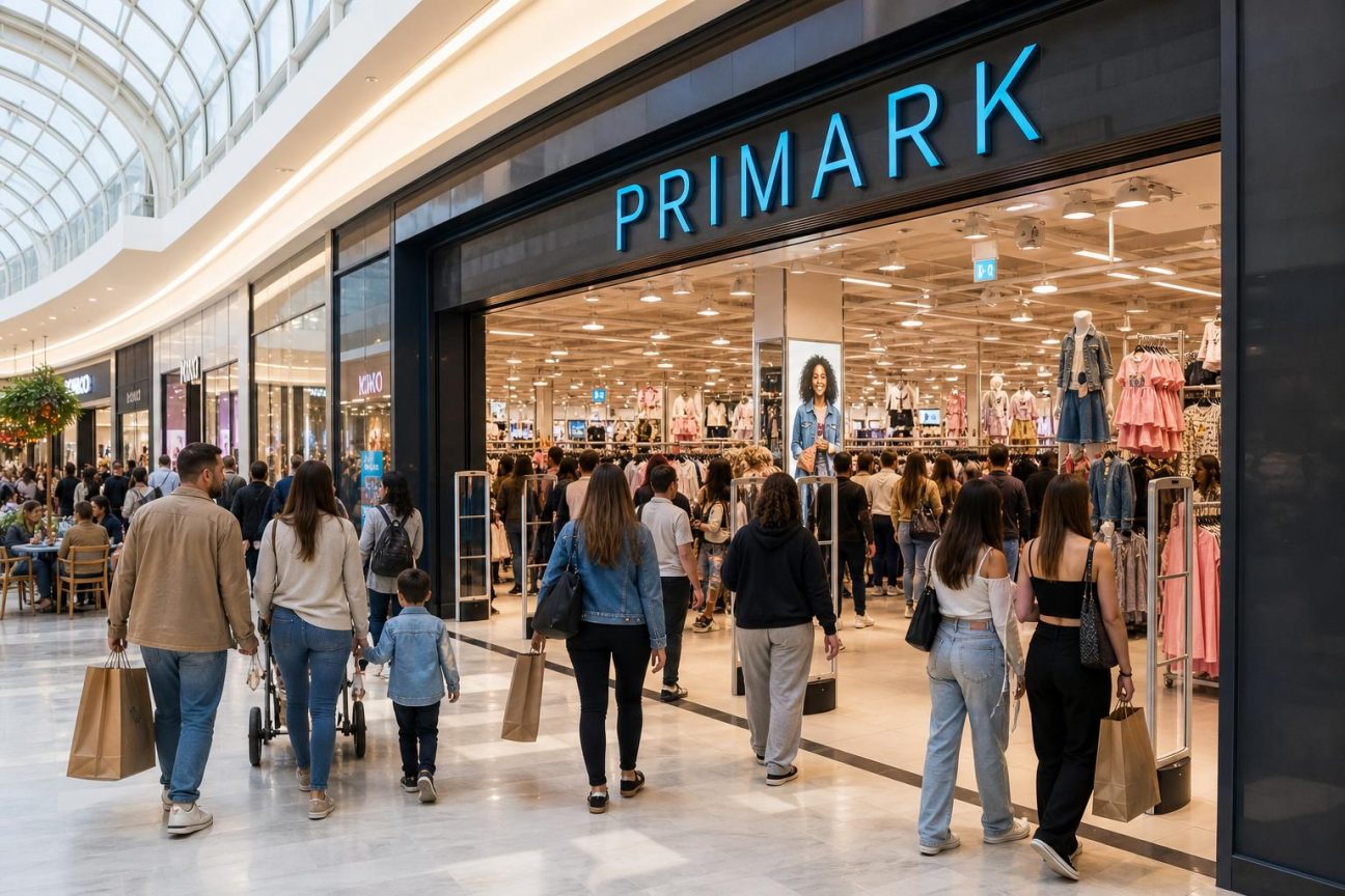 Devanture d'un magasin Primark avec vitrines d'exposition de vêtements colorés et de textiles à bas prix dans un centre commercial