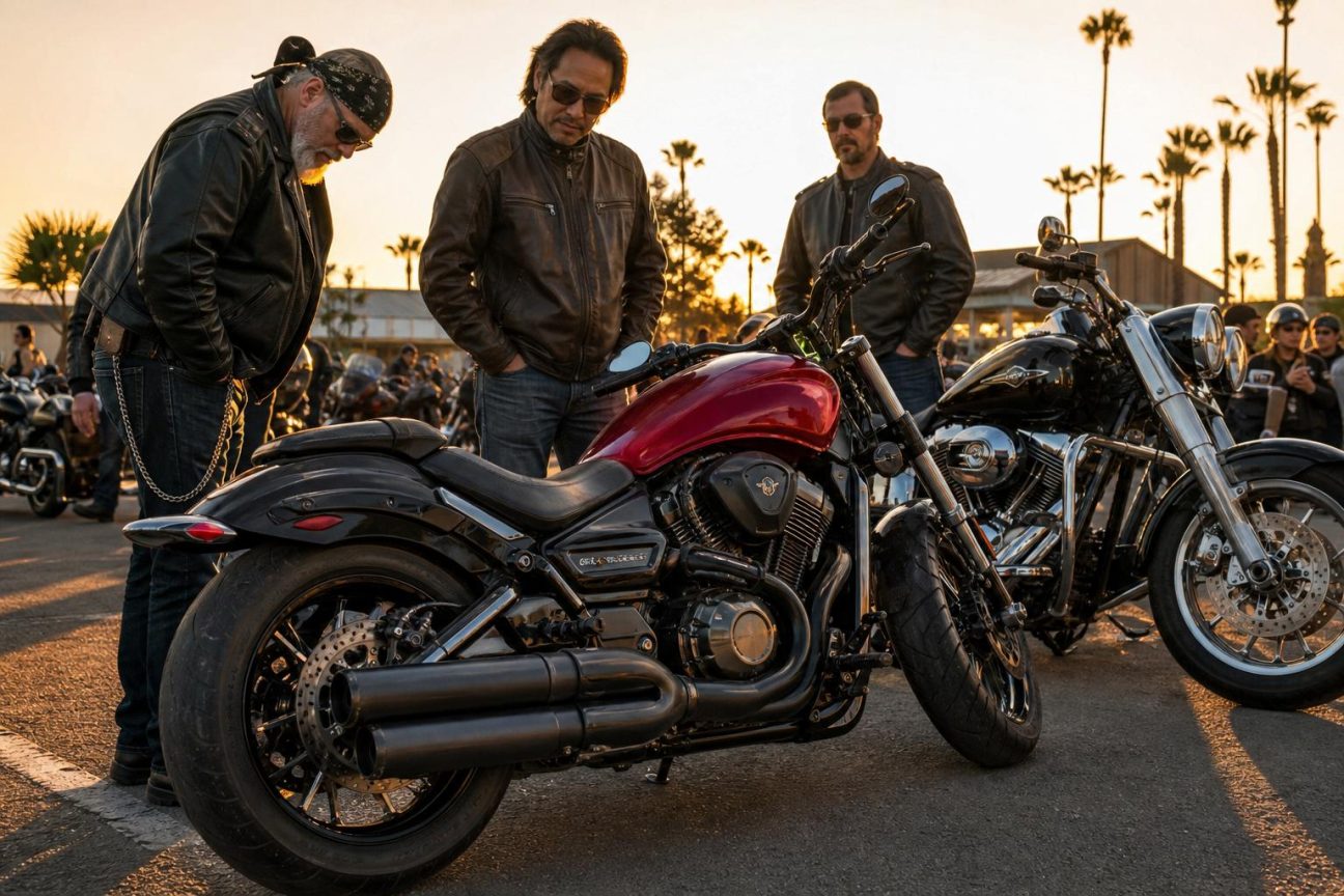 QJMotor SRV 700, cruiser chinoise de style custom avec bicylindre imposant, posée sur parking aux côtés de motos américaines aux chromes brillants.