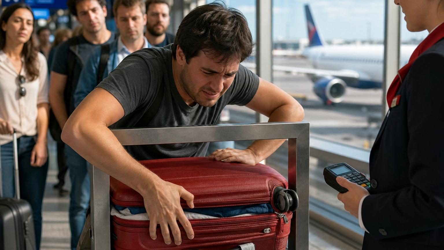 Voyageur tenant un bagage dans un gabarit métallique à la porte d'embarquement d'un avion, se demandant si sa valise respecte les dimensions imposées par la compagnie low-cost.