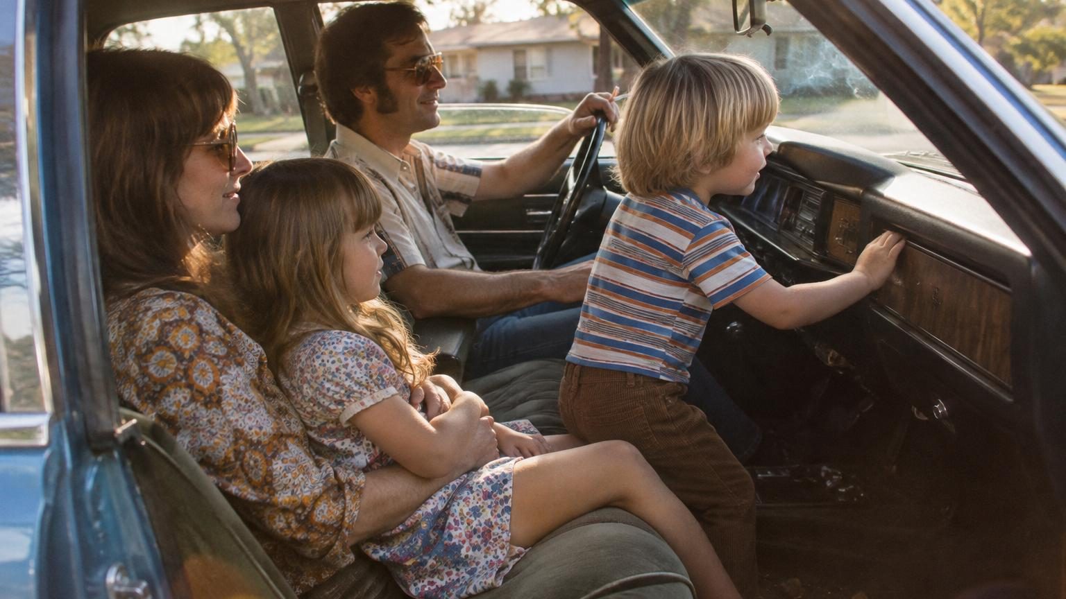 Collage nostalgique montrant des scènes des années 1970 : voiture avec enfants sans ceinture, hommes fumant en intérieur, enfants jouant dehors, panneau de stop routier, famille bronzée à la plage, classe scolaire stricte.