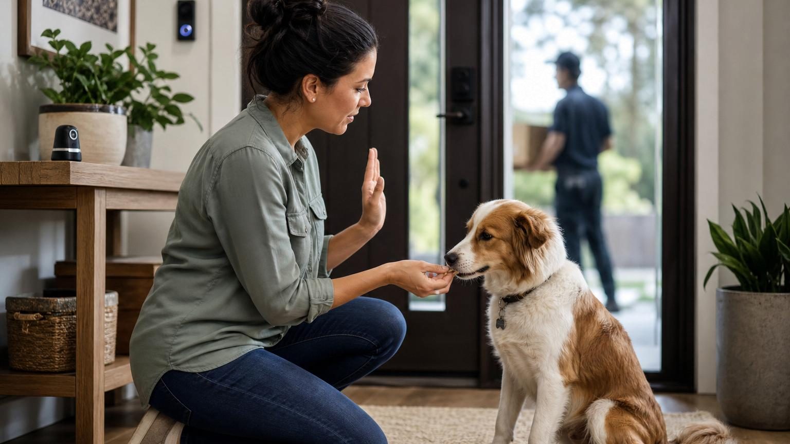 Éducateur canin guidant un chien dans un apprentissage progressif du calme par récompense positive et consignes claires.