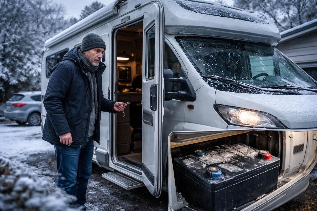 Camping-car stationné dehors sous la pluie et la neige en hiver, avec des gouttelettes d'eau sur les vitres et une batterie symboliquement vidée