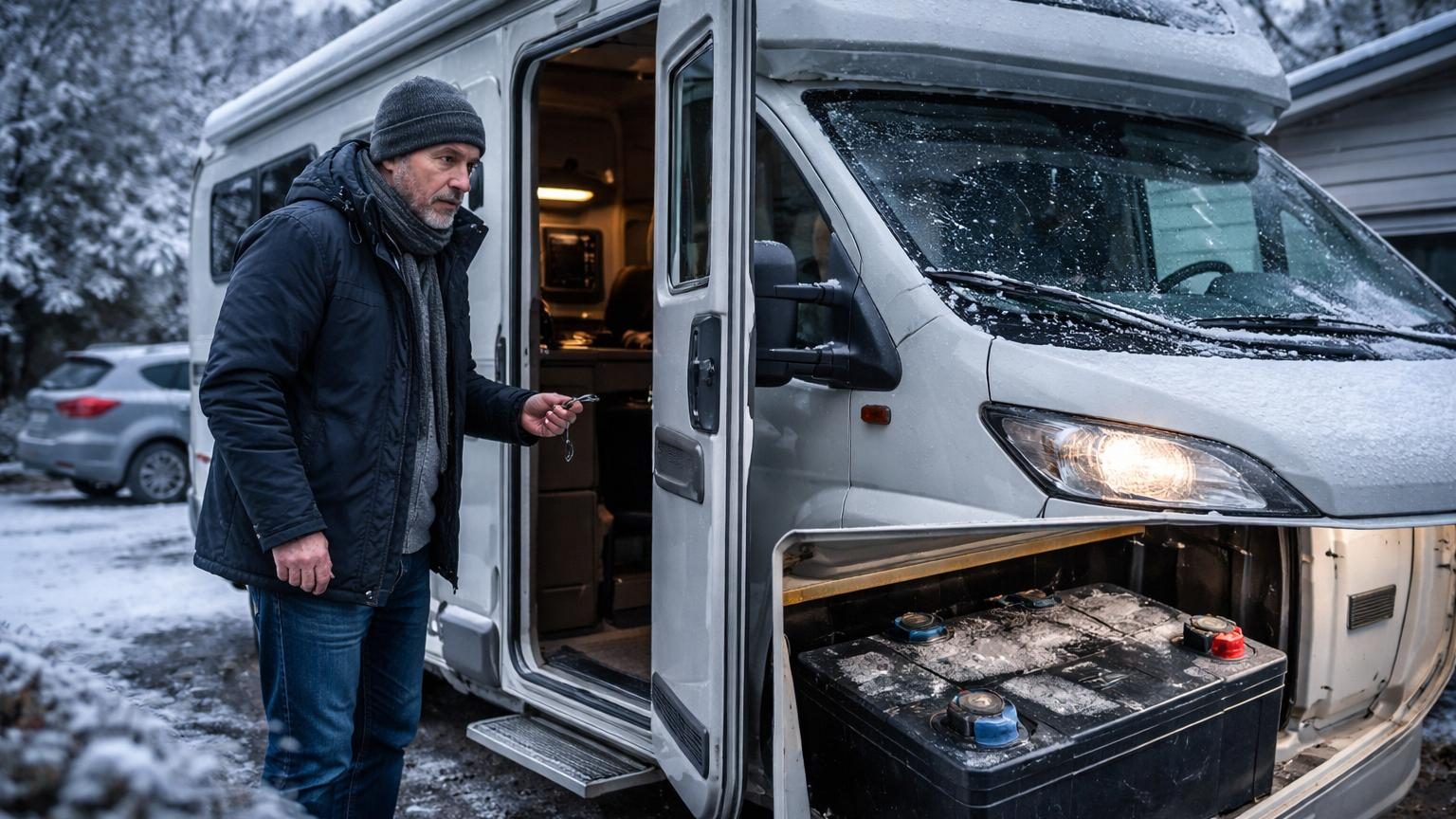 Camping-car stationné dehors sous la pluie et la neige en hiver, avec des gouttelettes d'eau sur les vitres et une batterie symboliquement vidée