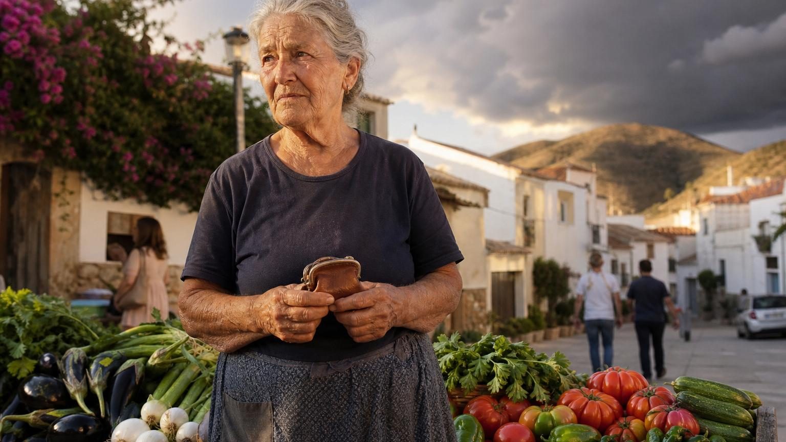 Une femme âgée portant un panier de légumes frais dans une rue pavée d'un petit village, illustrant le travail quotidien de Beatriz pour subsister.