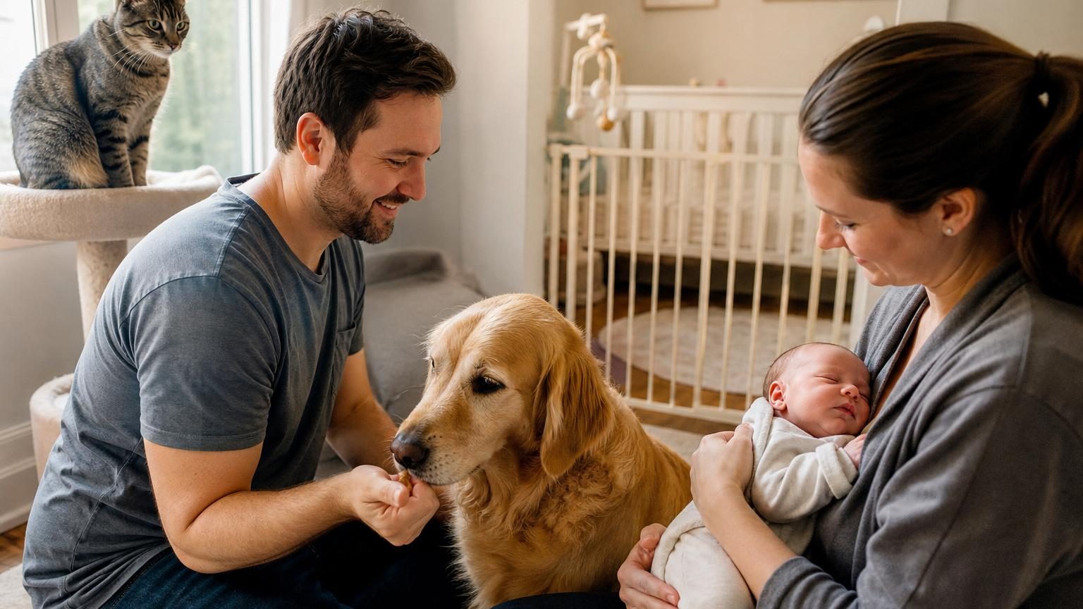 Un chien et un chat curieux observent un bébé assis sur un tapis dans un salon familial, entourés de jouets et d'aménagements sécurisés.
