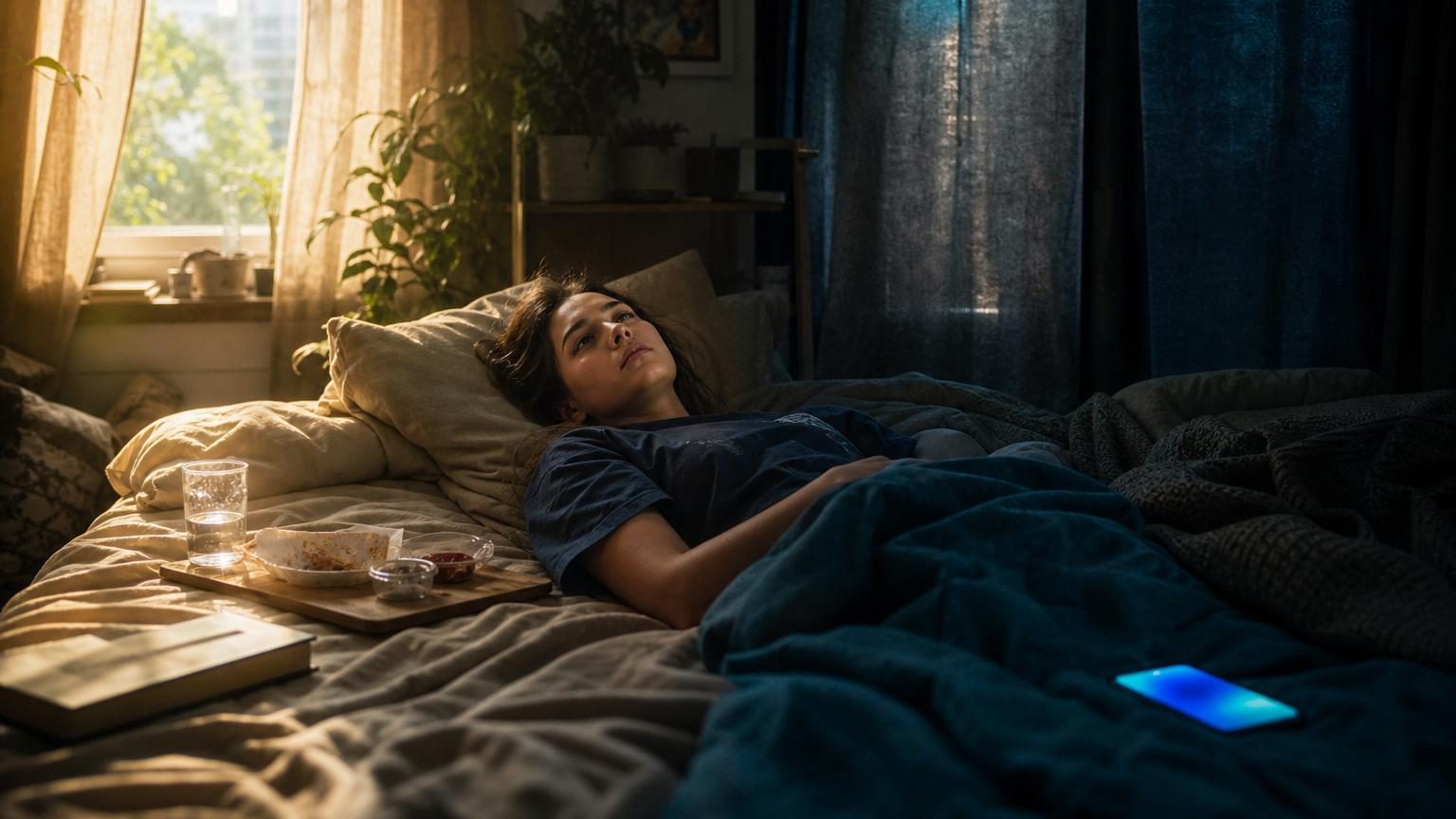 Une personne au lit dans une chambre sombre avec un plateau-repas, un téléphone à proximité et les rideaux fermés