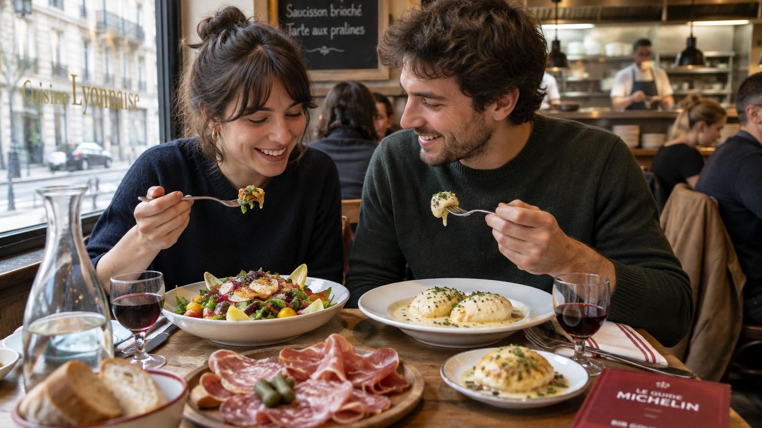 Assiettes généreuses de cuisine française dans un cadre convivial d'un restaurant Bib Gourmand lyonnais avec nappes à carreaux et décoration intemporelle