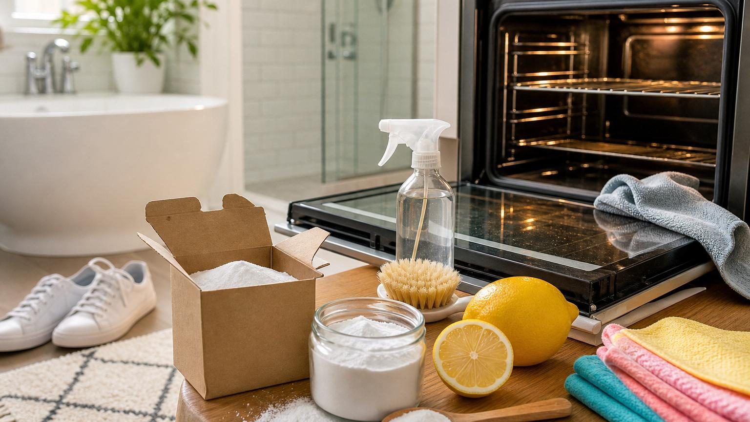 Bocal transparent de bicarbonate de soude blanc poudré à côté d'une brosse souple, sur un plan de travail avec un chiffon doux et un vaporisateur, illustrant les outils nécessaires pour nettoyer naturellement la maison
