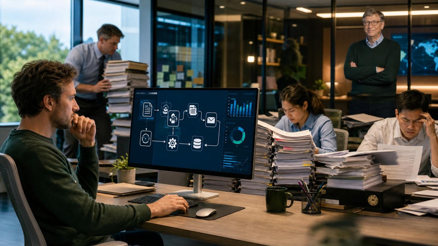 Homme à son bureau entouré d'outils numériques, crayon en main, analysant un processus pour simplifier son flux de travail et éliminer les étapes inutiles.
