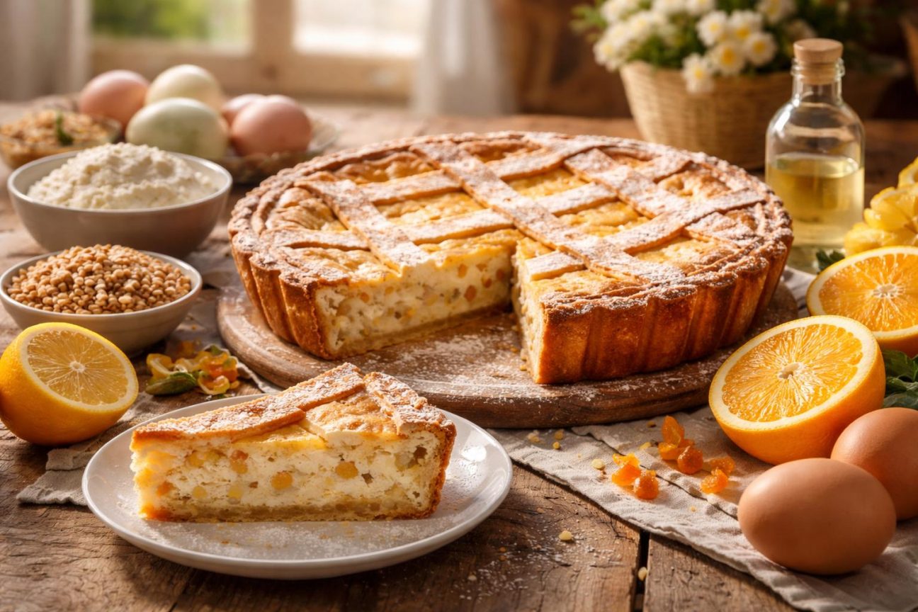 Une pastiera napolitaine entière dorée avec un treillis de pâte en losanges, prête à être servie pour les festivités de Pâques