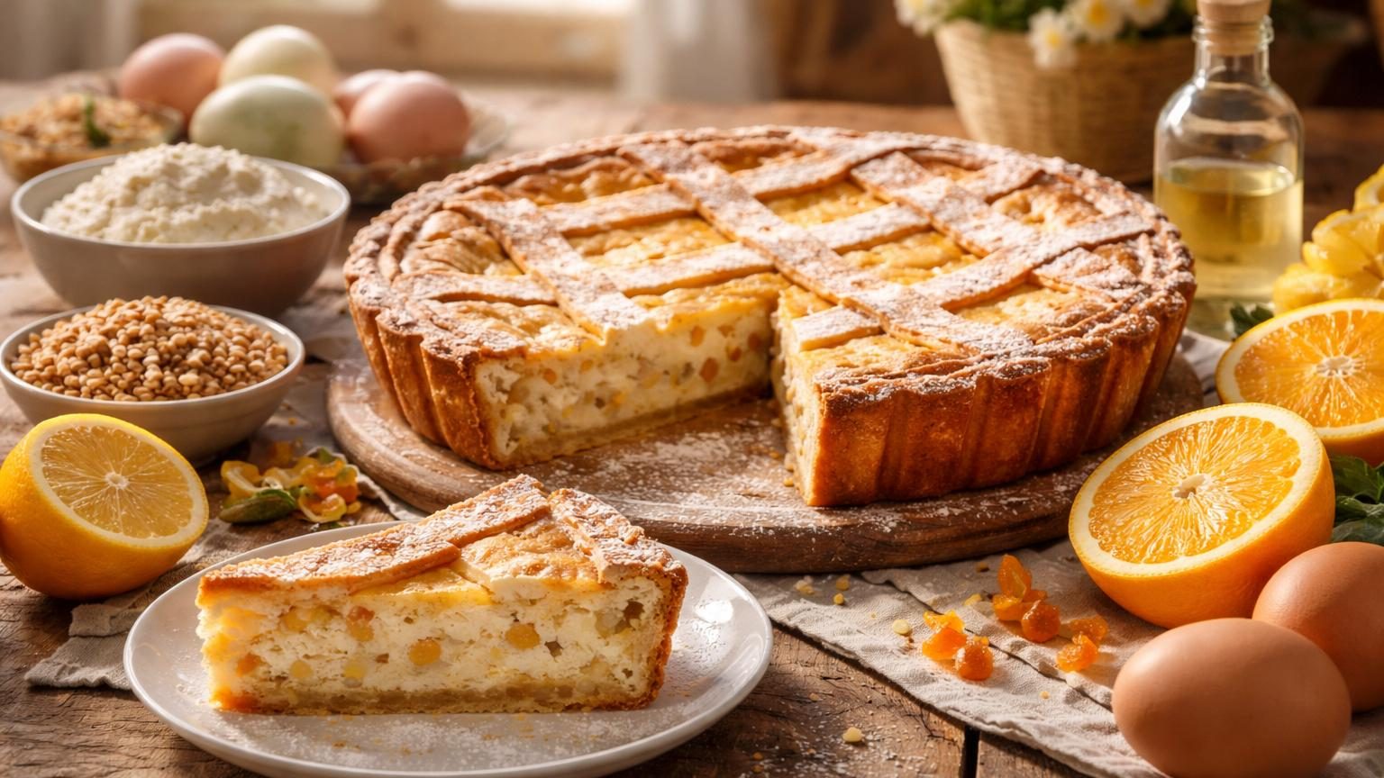 Une pastiera napolitaine entière dorée avec un treillis de pâte en losanges, prête à être servie pour les festivités de Pâques