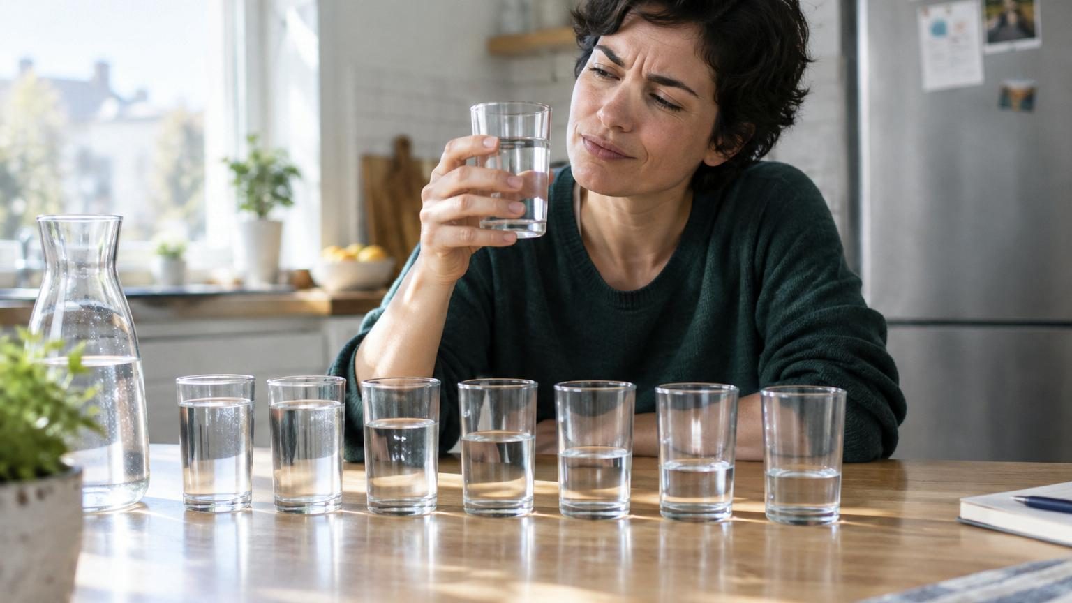 Personne versant de l'eau dans un verre au-dessus d'une table, illustrant la consommation d'eau quotidienne.