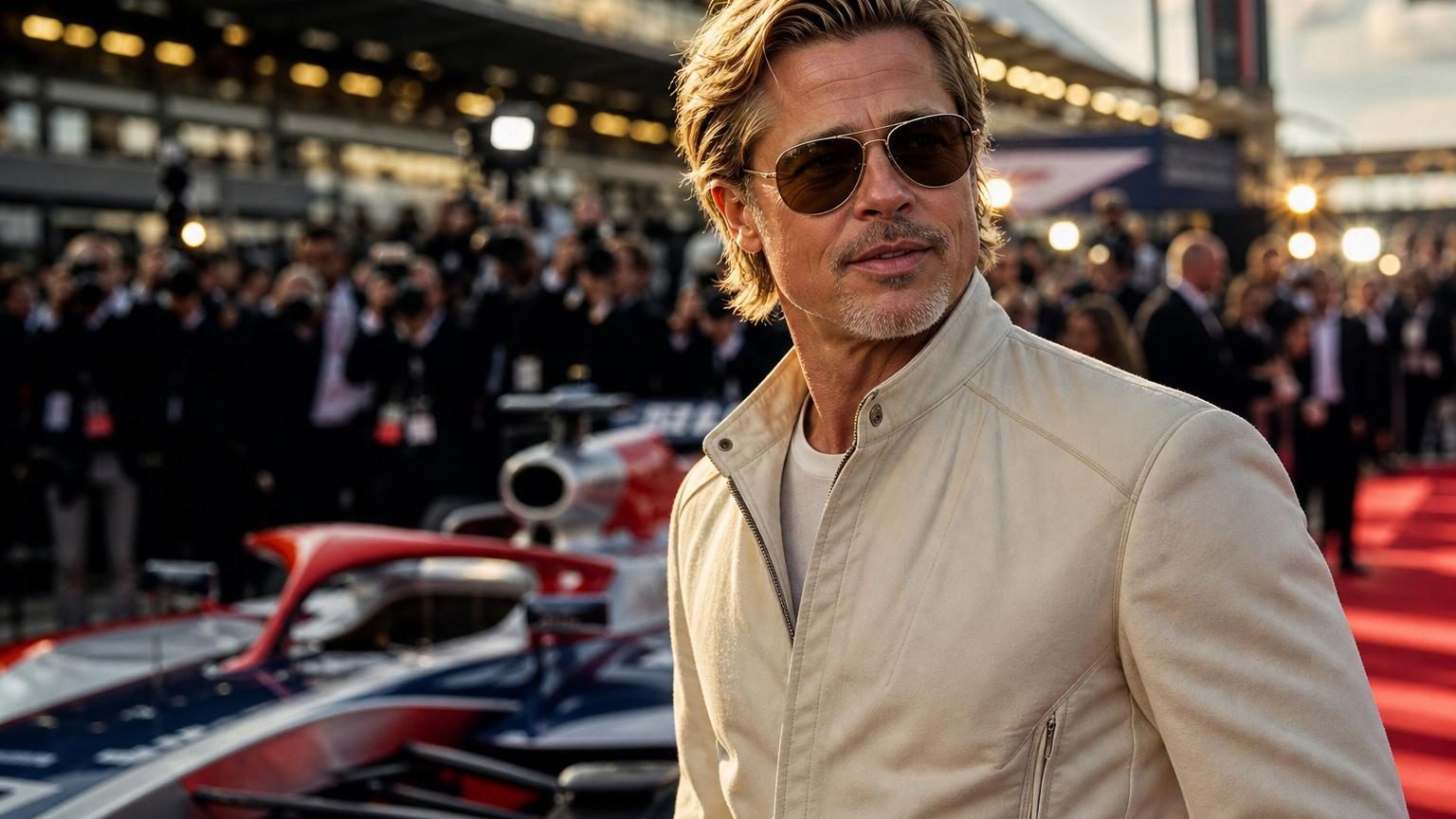 Brad Pitt sur un tapis rouge, portant un costume soigneusement choisi, avec un sourire discret en direction des photographes.
