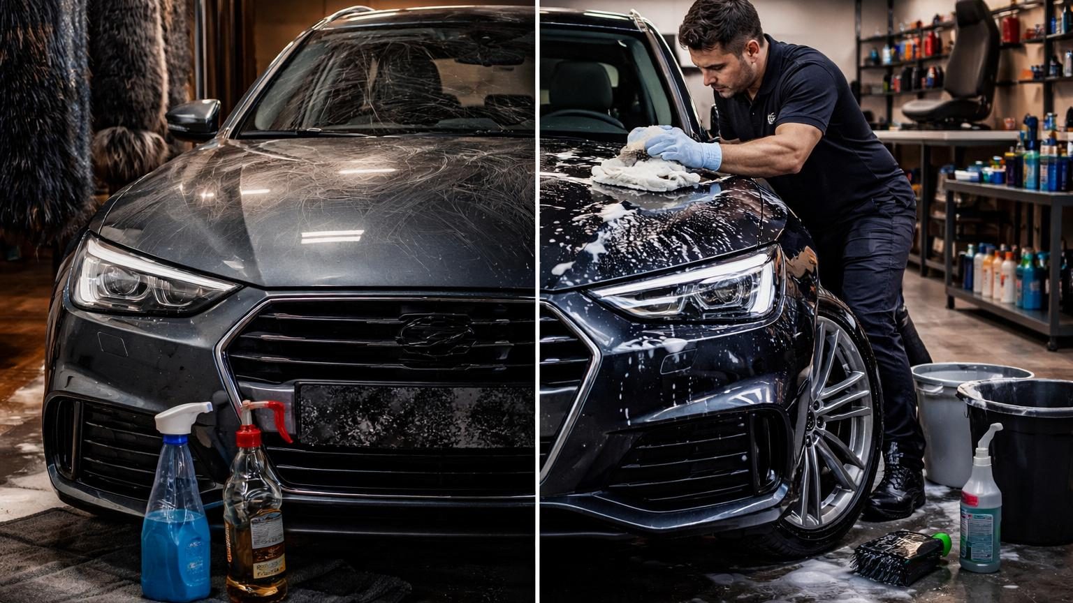 Professionnel du detailing inspectant une voiture, mettant en évidence les dégâts microscopiques causés par un mauvais entretien sur la carrosserie et les jantes