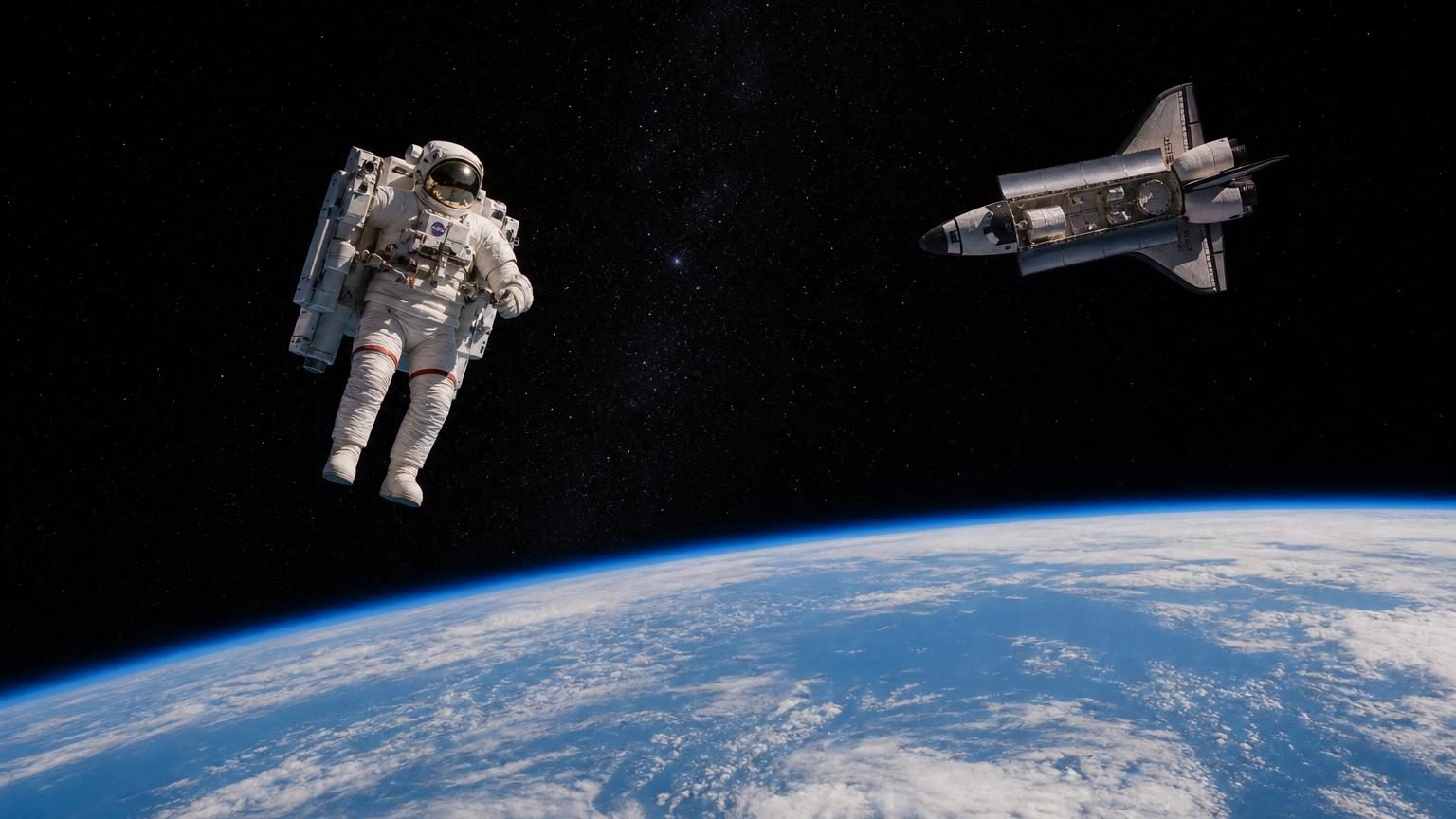 Astronaute flottant seul dans l'espace à grande distance d'une navette spatiale, la Terre visible derrière lui, équipé d'un grand sac dorsal à propulseurs.