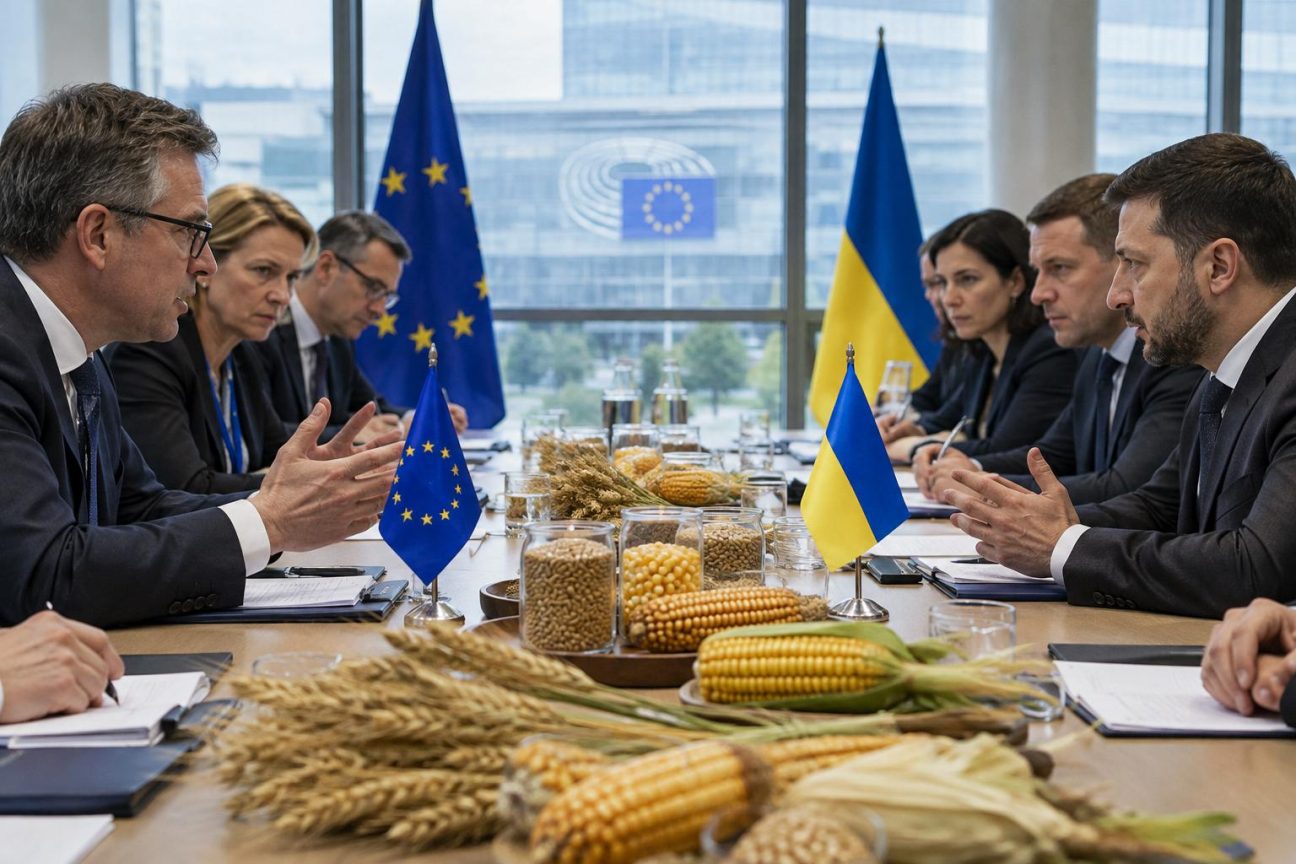 Marché local avec étals de tomates fraîches, miel ambré et tournesols, symbolisant les produits agricoles au cœur du débat entre l'Ukraine et Bruxelles sur l'adhésion à l'UE.