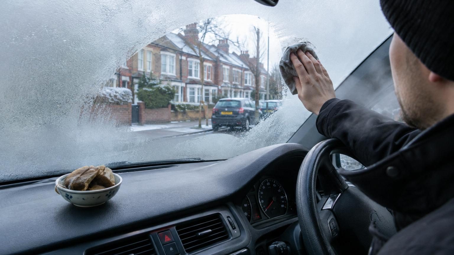 Un sachet de thé noir placé sur le tableau de bord d'une voiture, avec du givre visiblepar la fenêtre et une buée légère sur le pare-brise hivernal