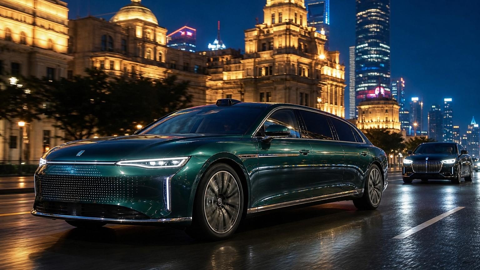 Limousine électrique BYD Da Han de profil, berline noire allongée avec jantes de 21 pouces et capteur LiDAR visible sur le toit