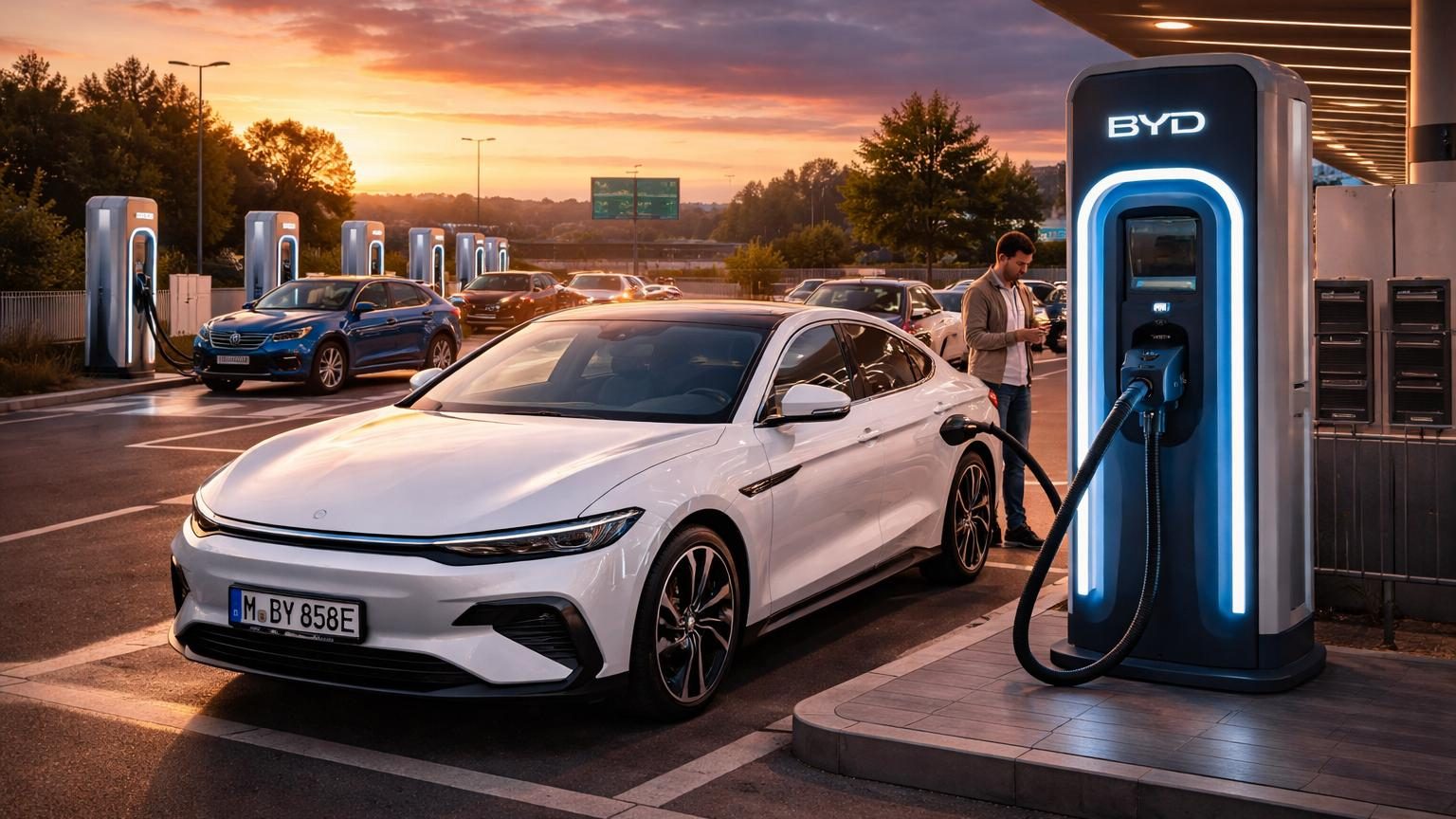Illustration conceptuelle montrant une voiture électrique branchée sur une borne de recharge ultrarapide futuriste, avec des symboles indiquant une charge très rapide et une autonomie modérée affichée à l'écran du tableau de bord.