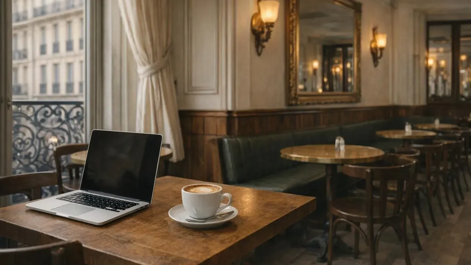 Personne travaillant sur un ordinateur portable dans un café lumineux avec Wi-Fi, entourée de prises électriques accessibles et d'une ambiance calme propice à la concentration parisienne.