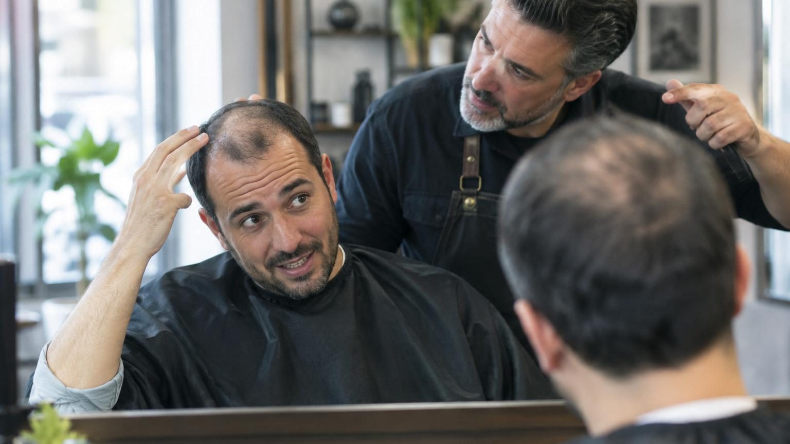 Illustration montrant la tête d'un homme avec calvitie au sommet du crâne et dégarnissement progressif du vertex