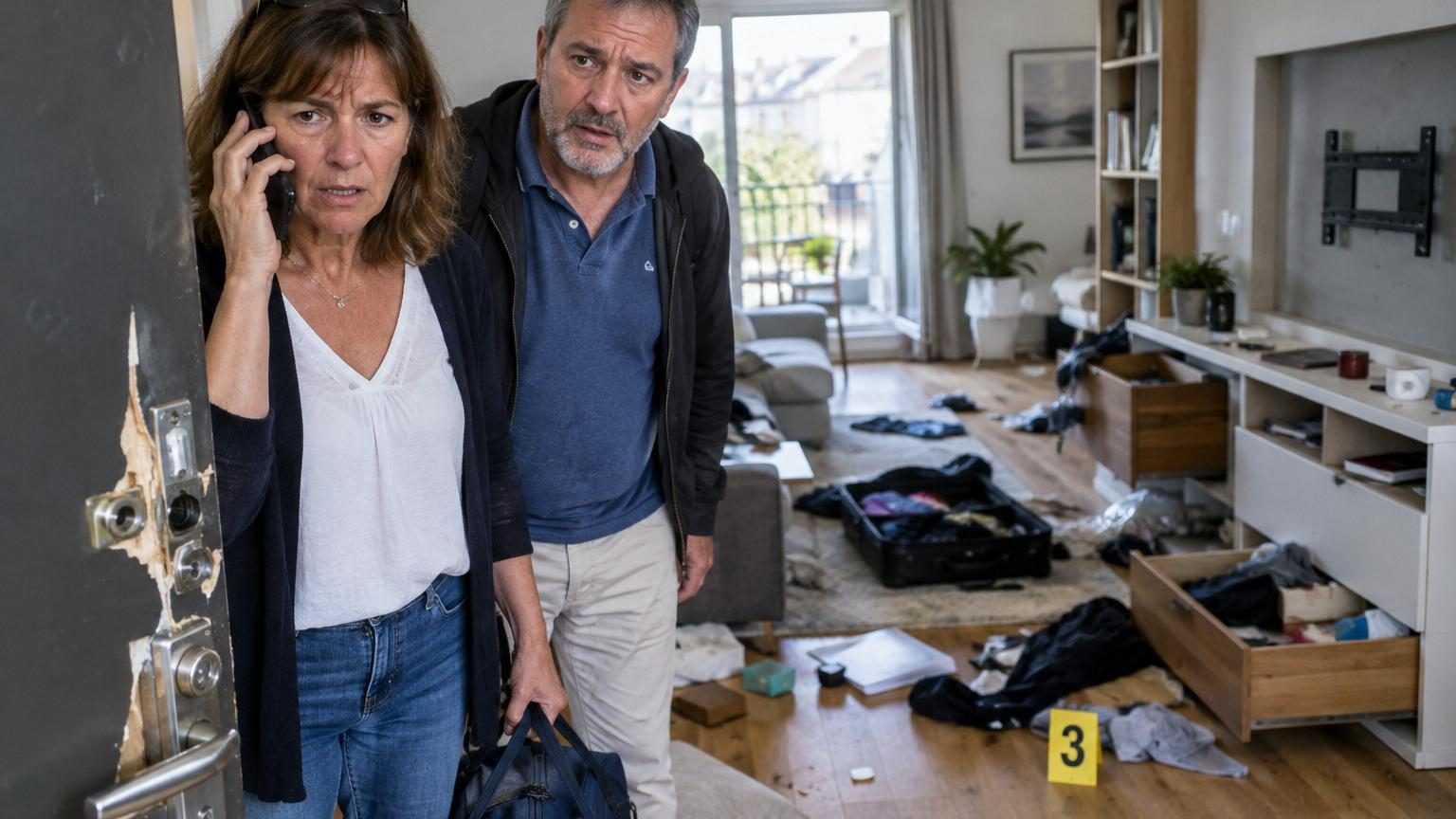 Appartement cambriolé avec porte fracturée, objets renversés et intérieur fouillé, illustrant l'urgence de la déclaration d'assurance