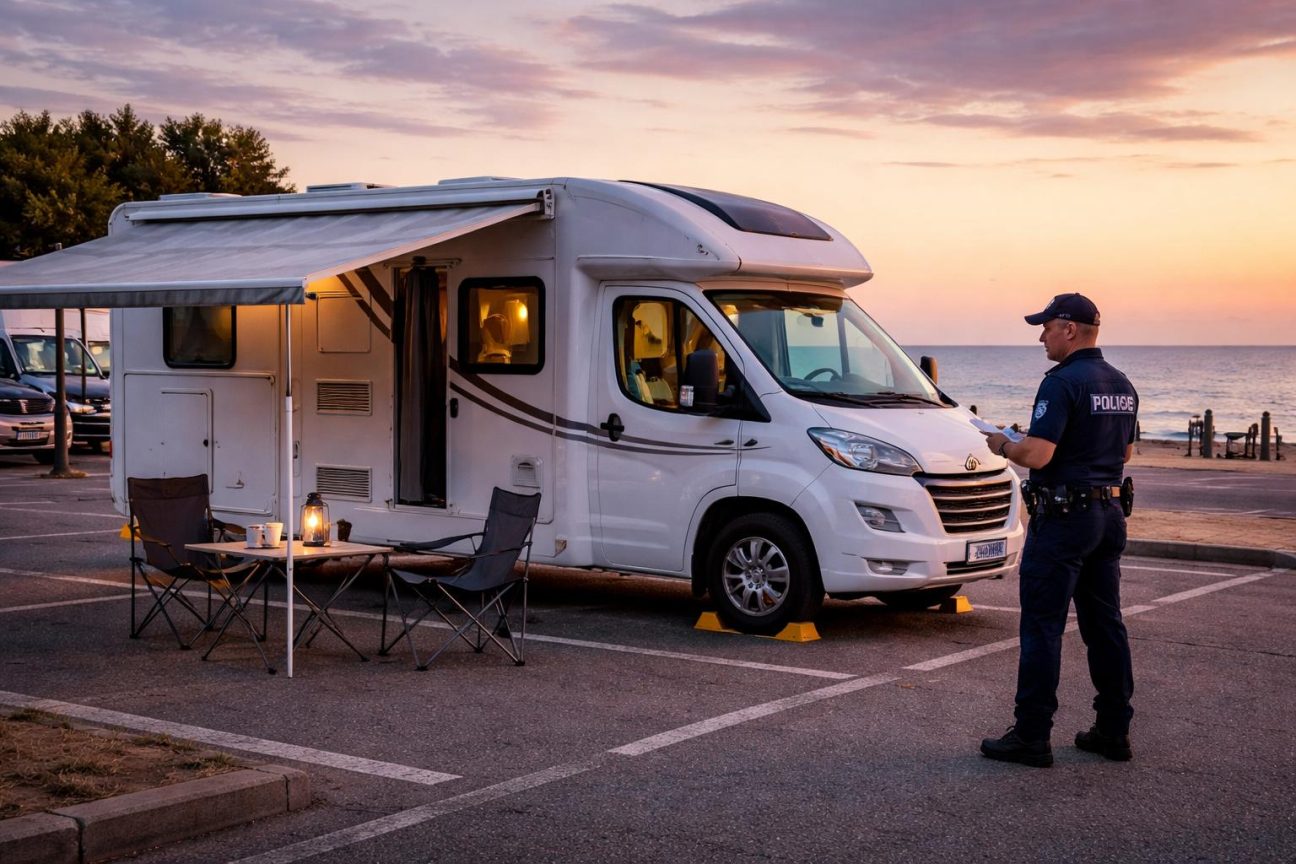 Un camping-car garé devant un lac avec store déployé, chaises pliantes, table et lampe tempête installées dehors, couple de retraités prenant un café sur le parking en fin d'après-midi.