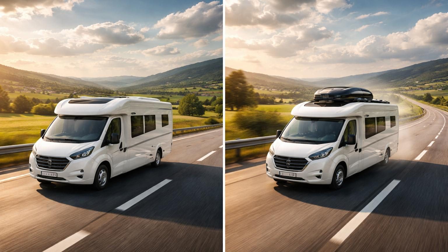 Camping-car moderne circulant sur autoroute par beau temps, illustrant les enjeux de consommation de carburant et d'optimisation aérodynamique