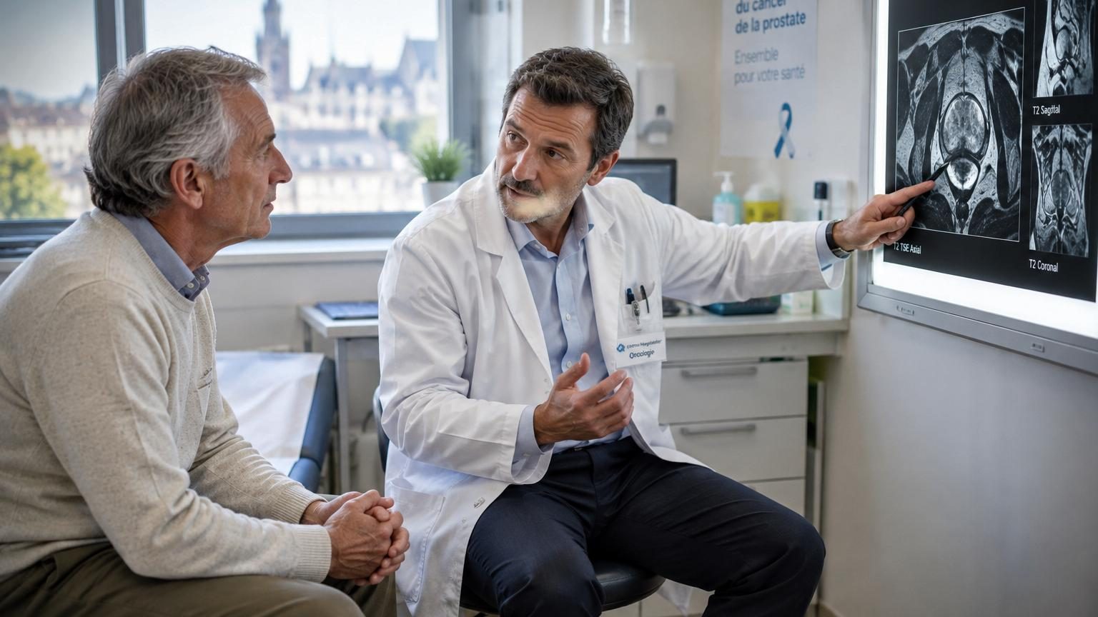 Représentation schématique d'une prostate en anatomie médicale avec zones de surveillance et marqueurs de diagnostic du cancer, illustrant les avancées en imagerie et dépistage ciblé.